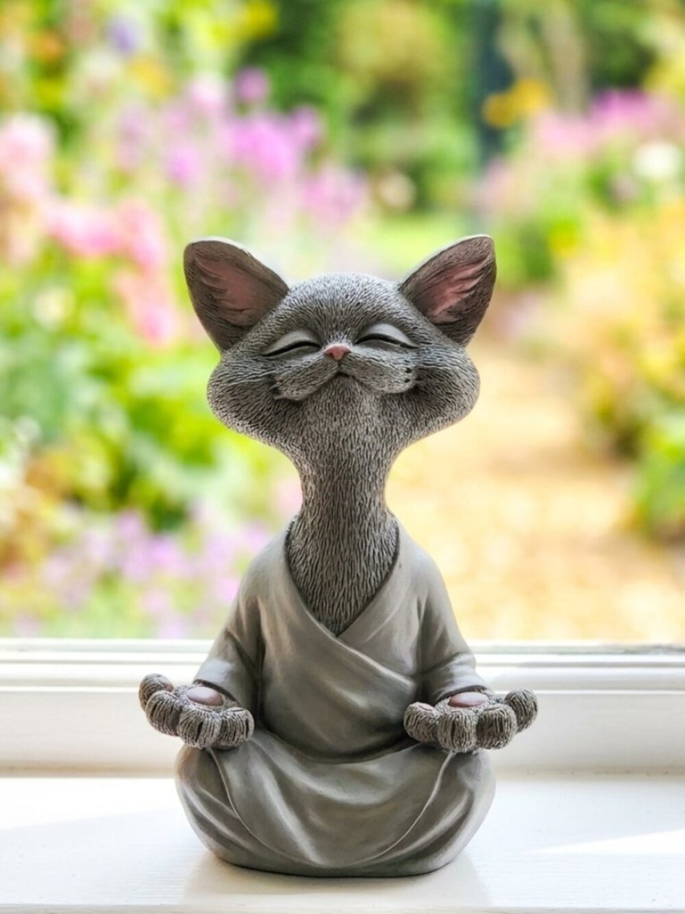 HAPPY CAT Whimsical Zen Meditating Buddha Figurine Sculpture Resin Statue NEW